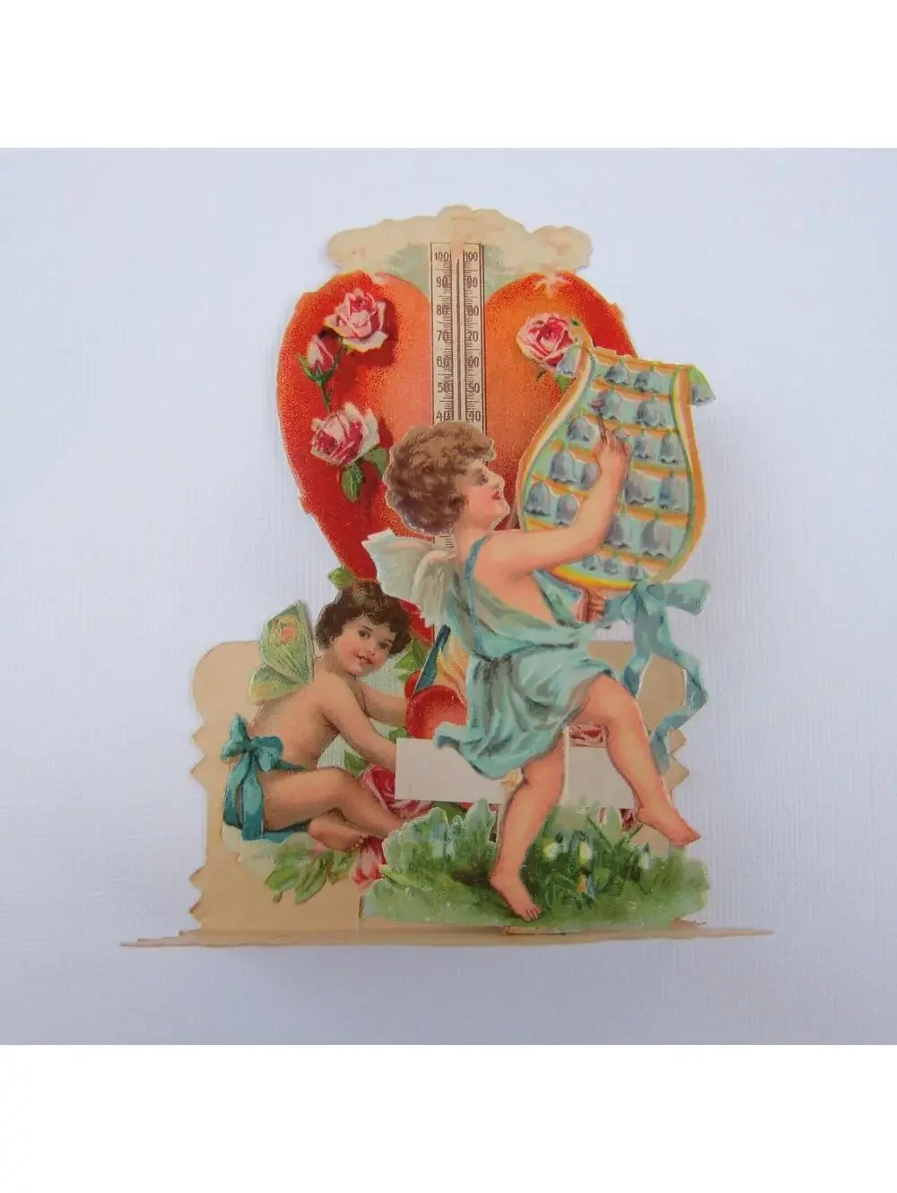 Vintage Valentine 3D Pop Up Die Cut Angel Boys Bell Music Red Heart Thermometer